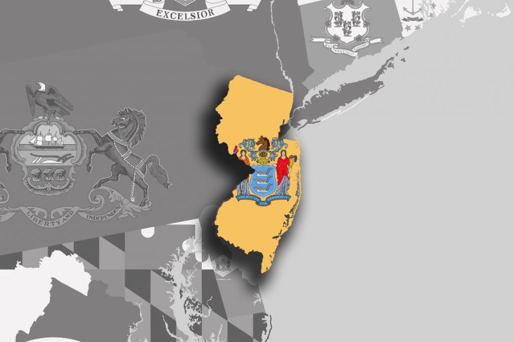 Illustration of the state of New Jersey’s silhouette within map and flag