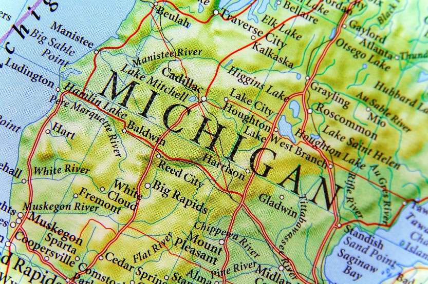 Geographic map of Michigan close up.